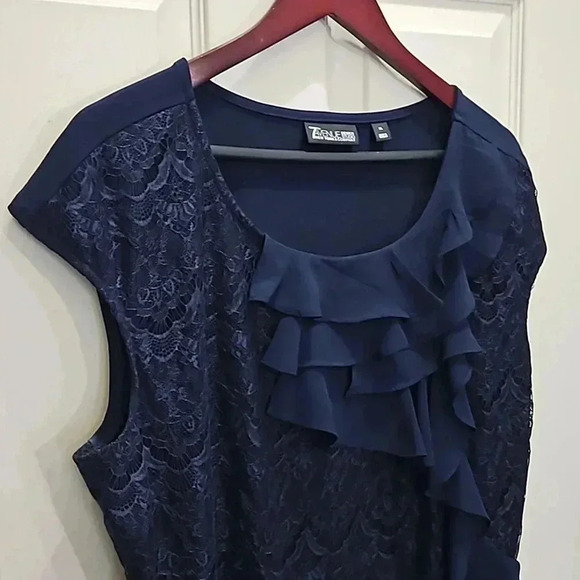 7th Avenue Navy Ruffle Lace Capped Sleeve Blouse Size XL - Picture 4 of 6